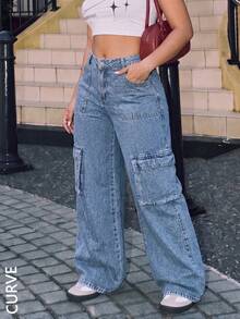 Plus Size Y2K Loose Straight Leg Jeans, Long Non-Stretch Denim Fabric With Practical Pockets And Zipper Fly - Dark Wash - View 3