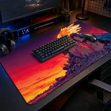 Sunset Glowing Golden Wings Hooded Man Ruins Large Gaming Desk Mat, Red-Orange Gradient Sky Fantasy Art Print Non-Slip Rubber Extended Mouse Pad, Waterproof Long Keyboard Pad, Esports Computer Desktop Decoration - View 2