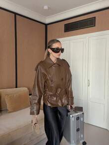 Spring/Summer New Long Sleeve Lapel PU Leather Premium Casual Cinched Waist Commuter Motorcycle Jacket Top - Khaki - View 1