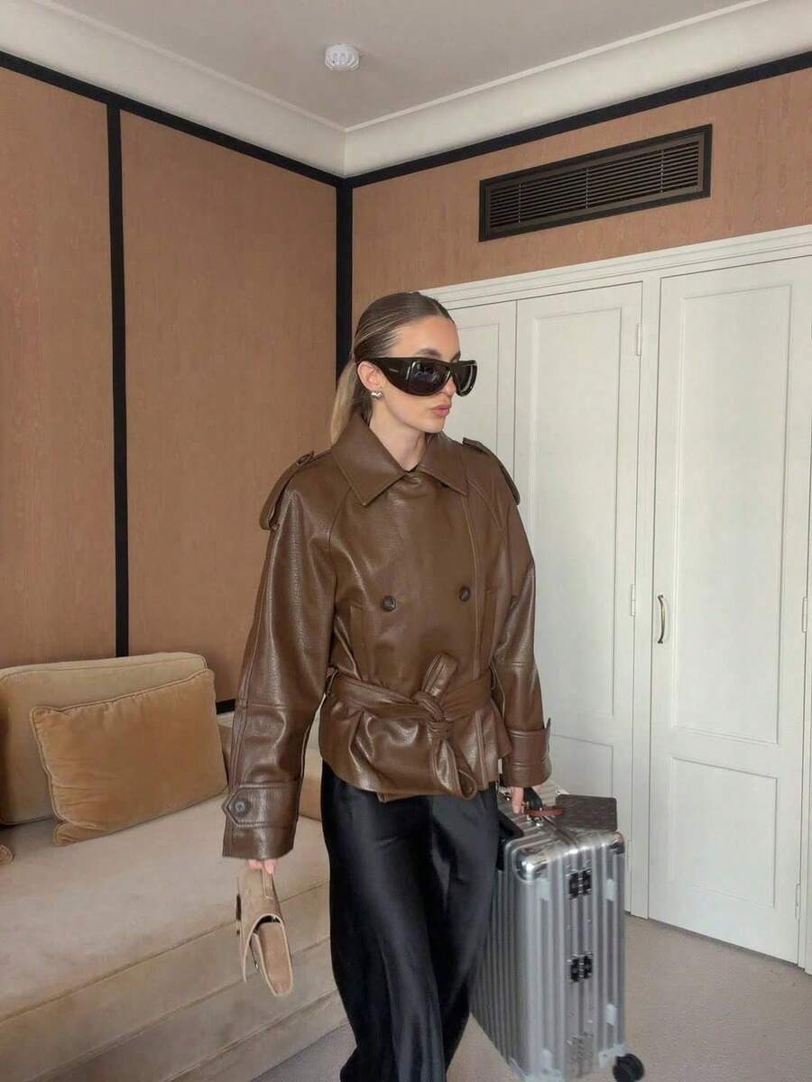 Spring/Summer New Long Sleeve Lapel PU Leather Premium Casual Cinched Waist Commuter Motorcycle Jacket Top - Khaki - View 1