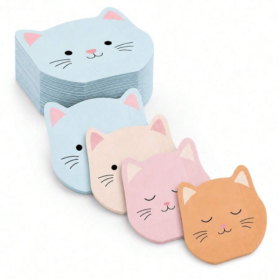 20/40/60pcs Cute Cat Shaped Disposable Cocktail Napkins, Hand-Drawn Cat Face Print, 4 Designs, 2-Ply Die-Cut Paper Napkins, Suitable For Birthday Party, Baby Shower, Animal Theme Event, Picnic And Dessert Table Decoration - Multicolor - View 1