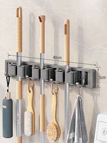 1pc 4-Clip 5-Hook Aluminum Wall-Mounted Bathroom Mop Holder, Broom Rack, Storage Rack, No-Drill Mop Holder, Suitable For Bathroom And Balcony - Multicolor - View 18