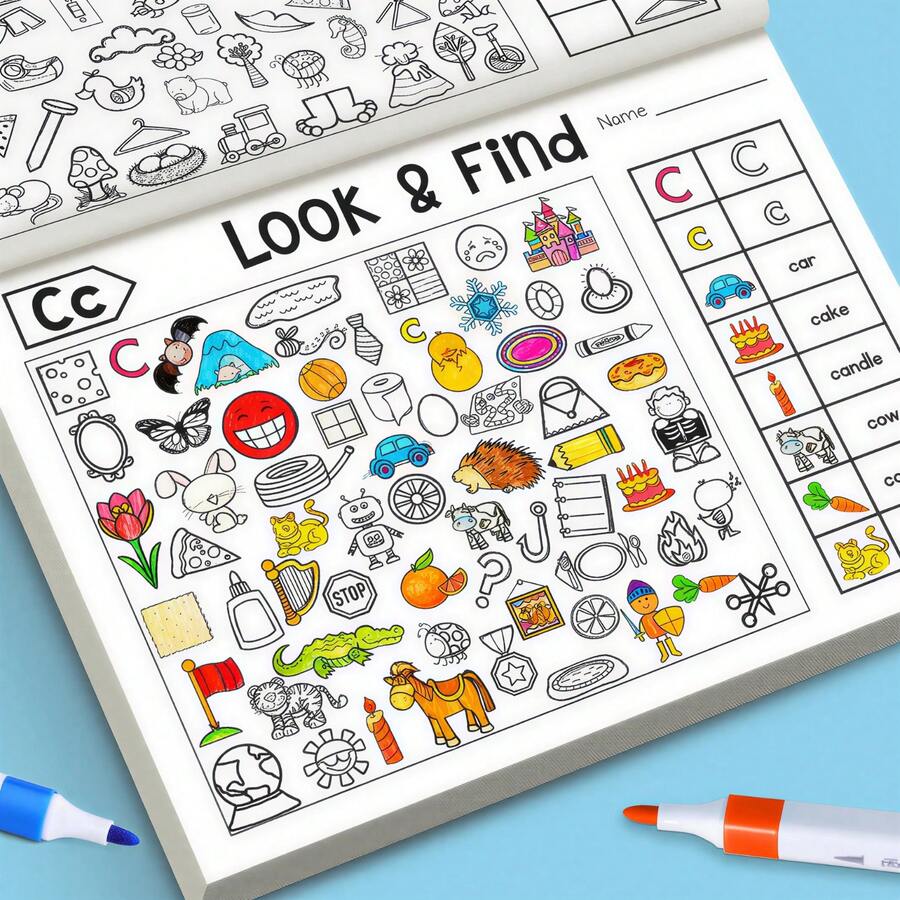 32-Themes Find And Coloring Activity Book - Seek And Find Workbook For Early Learning & Cognitive Skill Training, Enhance Brain Skills With Alphabet, Shapes & Colors Search - Perfect Concentration Training Activity Book For Learning & Fun