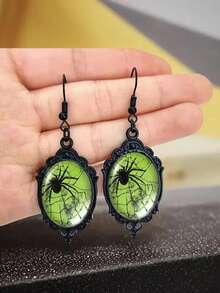 Spider Web Green Background Black Lace Design Oval Pendant Earrings, Casual Gothic Style, Halloween - Black - View 4