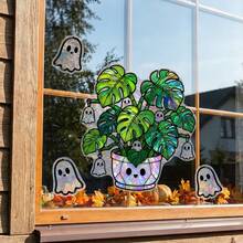 1/4pcs Holographic Monstera Ghost Static Window Clings Rainbow Prism Plant Ghost Decals Removable PVC Halloween Glass Stickers For Home Party Window Decor Gift - Multicolor - View 7