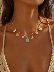 1 pieza Collar con colgante de vida marina de estilo de vacaciones en la playa, joyería de cuello elegante y de moda para mujer, adecuado para uso diario, vacaciones, fiestas y citas - Multicolor - Ver 1