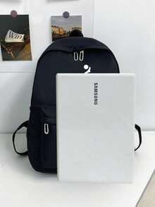 Mochila escolar de gran capacidad, unicolor versátil, para estudiantes, regreso a clases - Negro - Ver 2