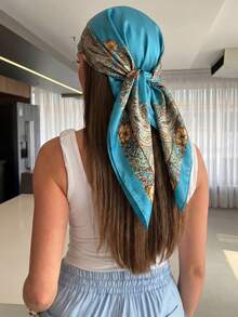 1件女款佩斯利印花正方形圍巾，90CM大尺寸緞面絲綢感髮巾頭巾 - 薄荷藍 - 查看 3