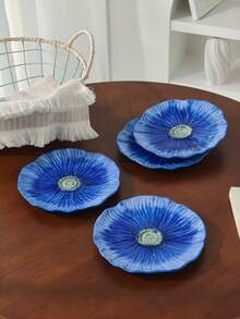 Cabin Kangaroo Blue Poppy Ceramic Plate, Hand-Painted Embossed Floral Dessert Plate, 6-Inch Aesthetic Snack Plate, Suitable For Appetizers, Snacks, Home Kitchen Tableware Decor, Housewarming Gift - Multicolor - View 6