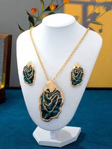 3pcs/Set Bohemian Style Vintage Wavy Design Necklace & Earrings, Niche Luxury Suitable For Women's Daily/Party/Date/Evening Wear - Multicolor - View 4