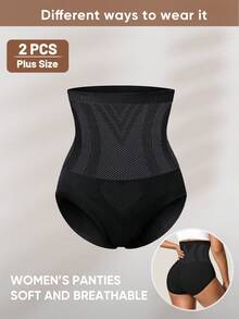 2 piezas Leggings moldeadores de talla grande para mujer, cintura alta, control de abdomen, sin costuras, pantalones adelgazantes de unicolor - Negro - Ver 5