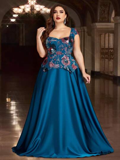 Plus Size Long Women's Sequin Patchwork Cap Sleeve Sweetheart Neckline Satin Party Dress Elegant A-Line Formal Evening Gown