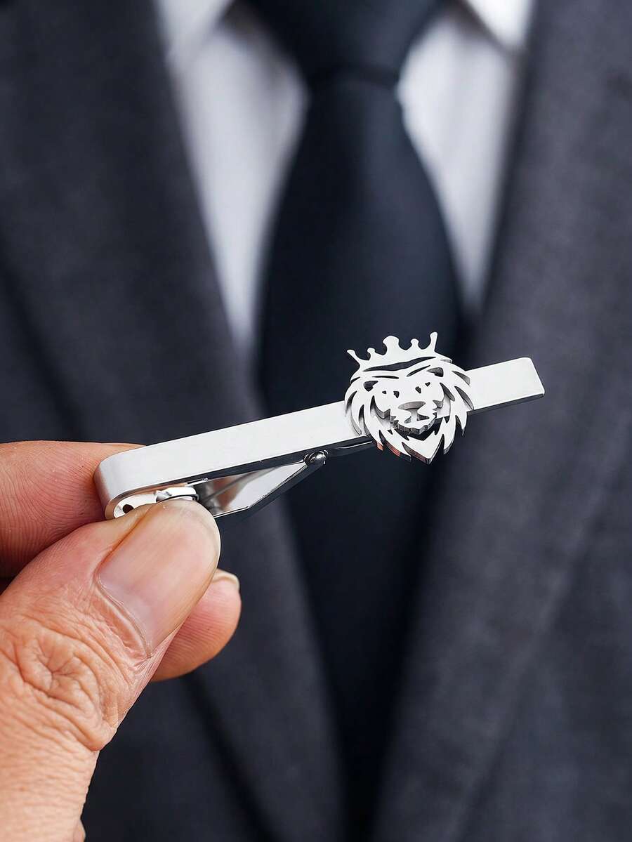 1pc Stainless Steel Lion Head Crown Men's Tie Clip - Men's Gold Hollow Stainless Steel Business Formal Tie Clip, Non-Fading And Anti-Slip Fixed Clip, Suitable For Wedding, Groomsman, Banquet, High-End Accessory For Workplace Suit Shirt, Boyfriend Gift, Birthday Gift, Father's Day Gift, Halloween, Christmas - Multicolor - View 1