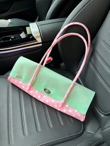 女款長筒肩背手提包 波點印花平滑PVC拼接翻蓋 旋轉鎖扣手柄包 Y2K甜美風女孩日常派對包 - 粉色 - 查看 4