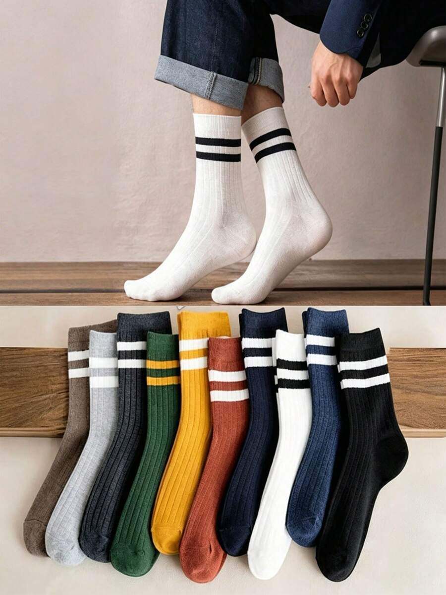 10 Pairs Women's Mid-Calf Socks, Breathable & Moisture-Wicking, Double Stripe Design, Suitable For Autumn/Winter - Multicolor - View 1