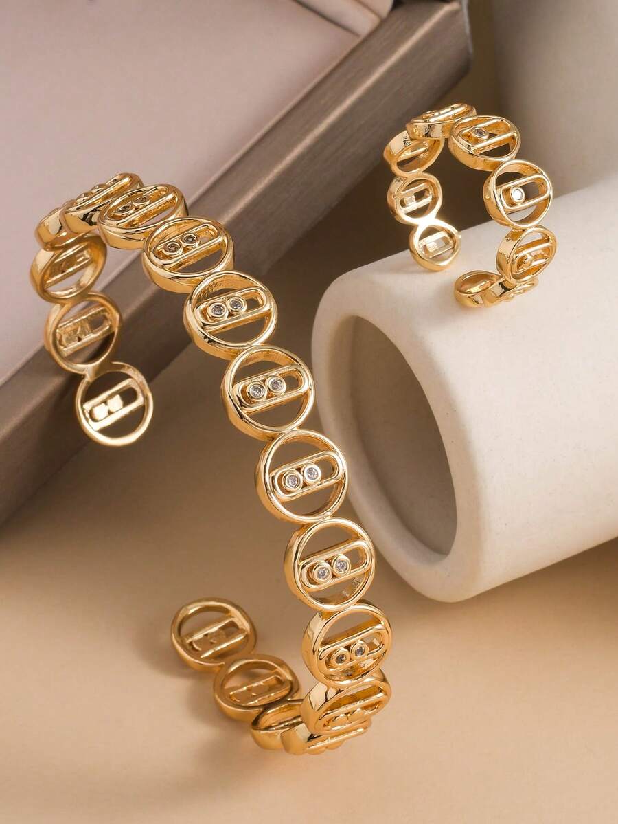 1 Set Exquisite Geometric Zirconia Open Bangle & Ring Set, Suitable For Women's Daily Wear, Holiday Gift - Yellow Gold - View 1