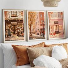 3 piezas de arte de pared en lienzo de tonos cálidos y neutros de otoño, impresiones de paisaje otoñal con café de París, puente de madera, corazón y hoja de arce, decoración acogedora estilo cottagecore para sala de estar, dormitorio, cocina, dormitorio universitario, pasillo, decoración vintage de otoño para el hogar, pósteres, sin marco - 840 - Ver 1