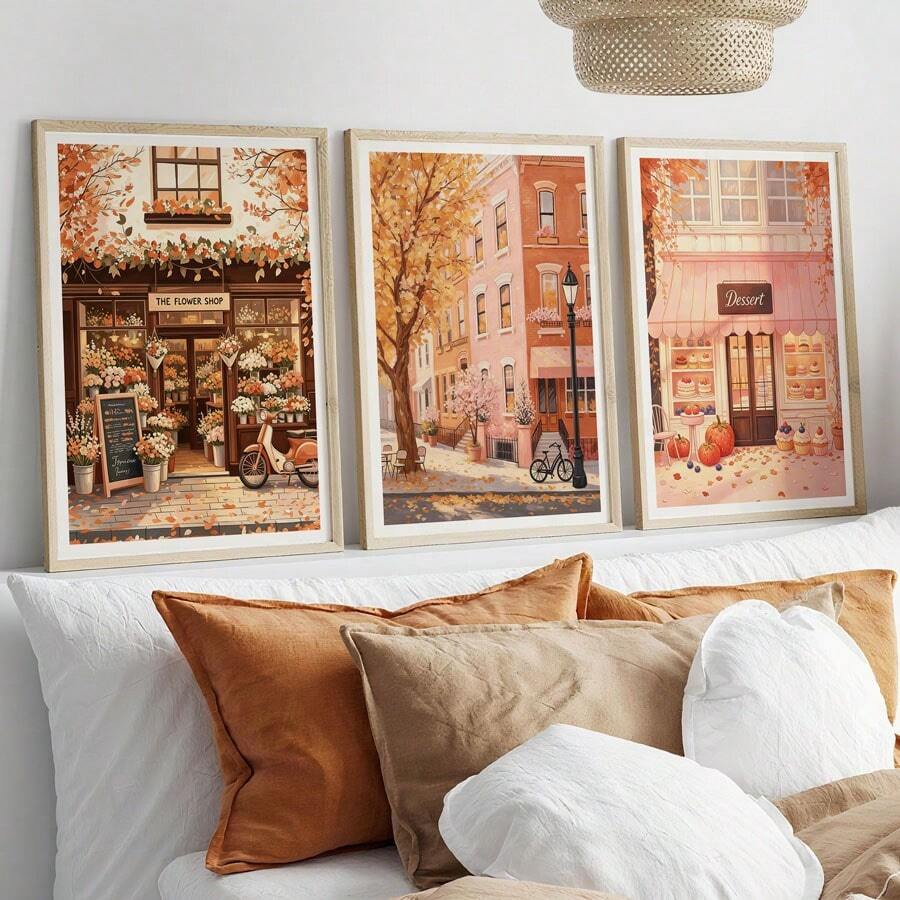 3 piezas de arte de pared en lienzo de tonos cálidos y neutros de otoño, impresiones de paisaje otoñal con café de París, puente de madera, corazón y hoja de arce, decoración acogedora estilo cottagecore para sala de estar, dormitorio, cocina, dormitorio universitario, pasillo, decoración vintage de otoño para el hogar, pósteres, sin marco - 840 - Ver 1