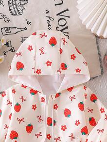 1pc Baby Girl Cute Strawberry Bow Print Long Sleeve Hooded Jacket, Lightweight, Spring/Autumn - Apricot - View 7