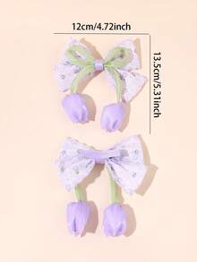 2pcs Pink Tulip Girl Bow Hair Clips, Satin Wavy Lace Edge Bow Hair Clips, Cute Flower Hair Accessories, Suitable For Daily Party Children Hair Accessories - Purple - View 7