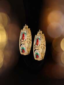Mexican Style Virgin Mary Guadalupe Round Hoop Earrings, Women's Earrings, Gold Plated Copper Round Earrings, Wedding Jewelry Accessories Gift - St. Jude Earrings (Green Portrait) - View 14