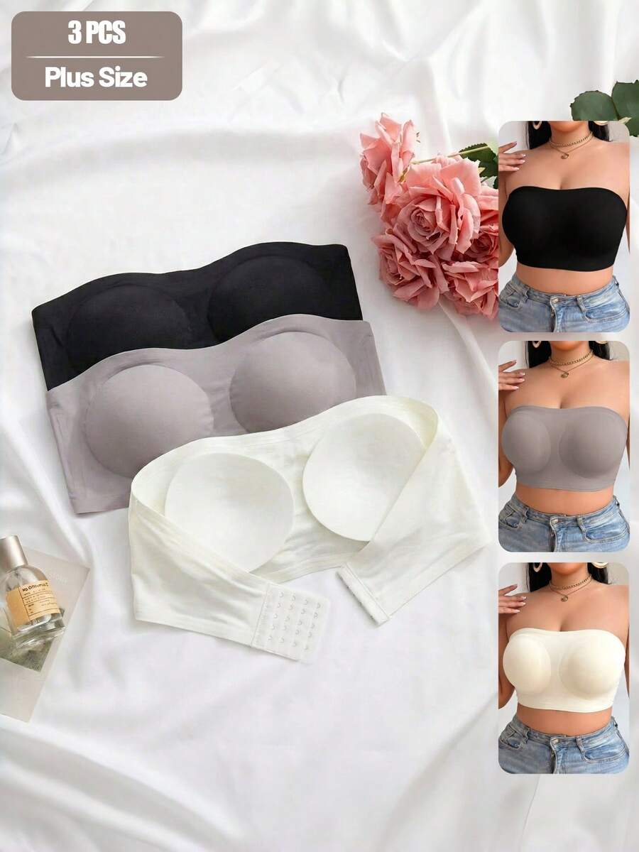 2pcs Plus Size Women's Seamless Strapless Bra, Soft Non-Slip Design, Adjustable 4-Row Hook And Eye Closure, Invisible Bra For Daily Wear, Suitable For Casual And Special Occasions - Multicolor - View 1