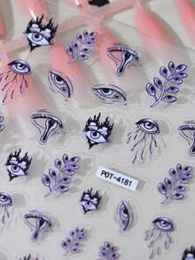 1pc Leaf & Demon Eye Nail Stickers, Self-Adhesive Disposable 3D Embossed Nail Art, Dark Forest Style, Ins, Suitable For Women's Manicure, Foot Care, Holiday Decoration - Multicolor - View 3