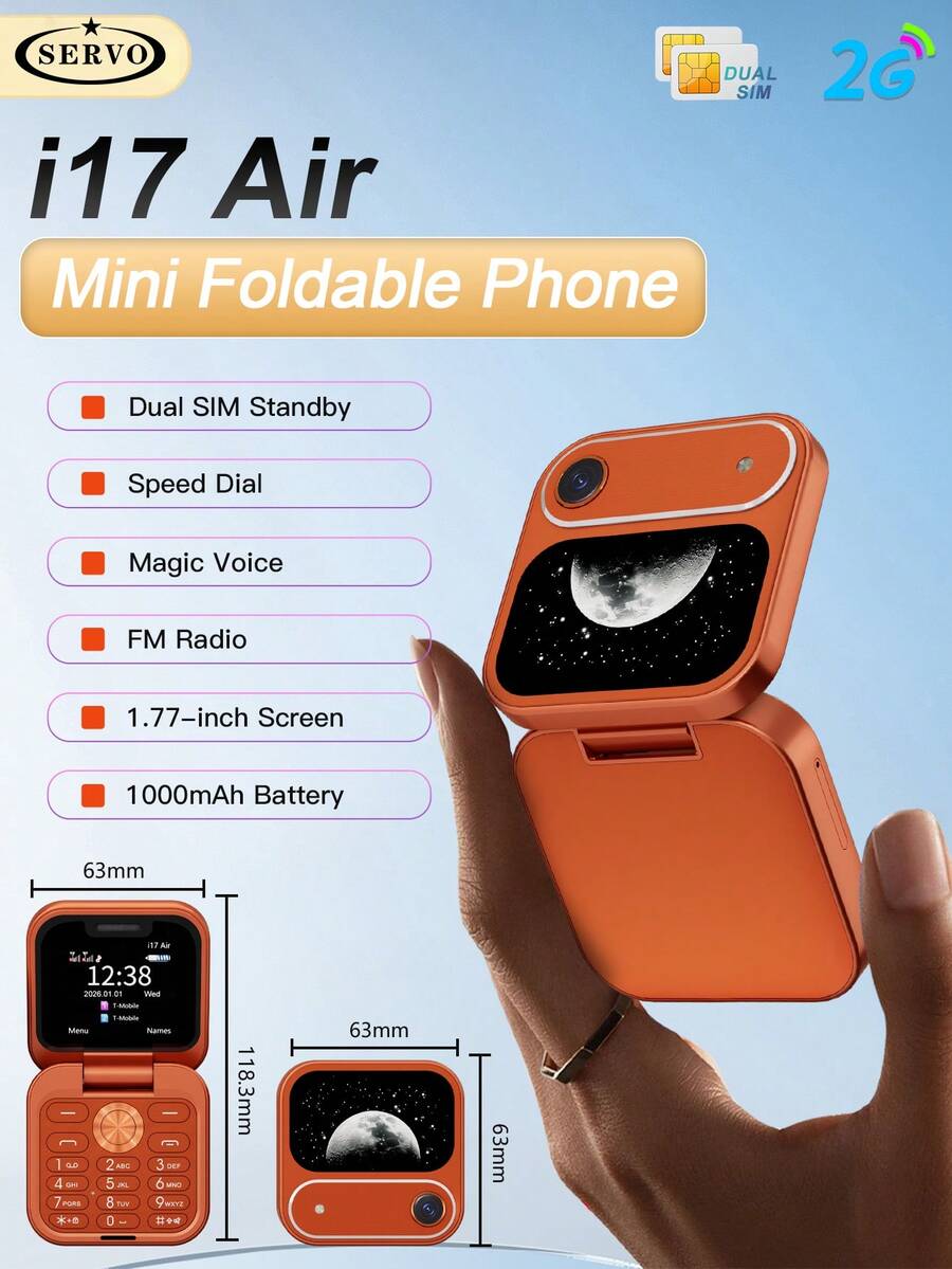 SERVO I17 Air 可折疊迷你手機 雙卡 快速撥號 1.77 吋螢幕 2G GSM 黑名單 FM 收音機 翻蓋手機 - 橘色 - 查看 1