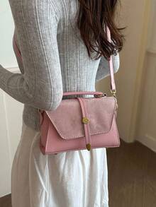 Soft Pink Suede Patchwork Flap Crossbody Bag, Smooth Body, Short Top Handle, Round Gold Rotating Lock, Adjustable & Detachable Shoulder Strap - Pink - View 5