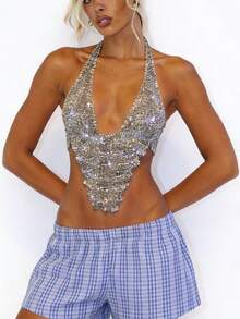 Women's Glitter Rhinestone Criss Cross Halter Tops Backless Sleeveless Asymmetrical Party Crop Tops - 白色 - 查看 2