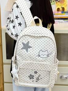 Fresh Polka Dot Cat Backpack, INS Style, Water-Resistant, Multi-Pocket, College Style Student School Bag, Water-Resistant And Durable Fabric, Large Capacity Daily Commute Backpack, 3D Embroidered Star Cat And Music Note Transparent Front Pocket, Wide Pressure-Relief Shoulder Straps For Long-Term Wear Without Shoulder Pressure, Layered Storage Compartments For Books, Tablets, Stationery, Side Pockets For Water Bottles And Umbrellas, Suitable For Students' Classes, Tutoring, Short Trips, Shopping, Back To School Season - Multicolor - View 3