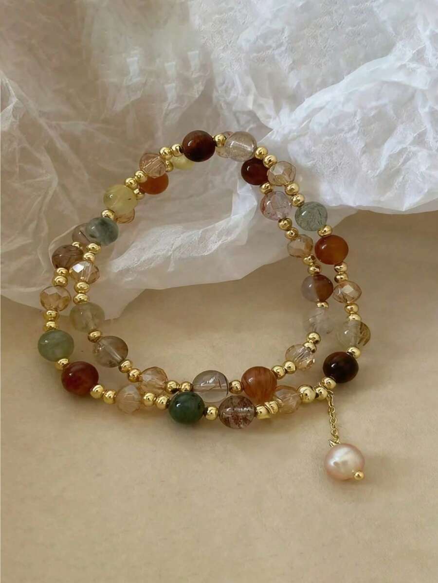 1 Piece Of Vintage Double-Layer Imitation Crystal Bead Bracelet, Suitable For Daily Wear (Random Pearl Color) - Style 1 - View 1