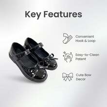 Girls' Glossy Black Bow Mary Jane Shoes, Hook And Loop Easy-On Flat Shoes, Suitable For School, Performance, Formal Occasions - Black - View 4