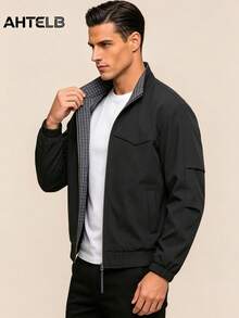 AHTELB Men's Spring/Autumn Stand Collar Jacket, Plaid Lining Multi-Pocket Long Sleeve Zipper Jacket, Ribbed Elastic Cuffs Loose Long Sleeve Top, Reversible, Suitable For Outdoor Sports, Daily Street Casual Wear, Gift For Husband, Boyfriend, Friend, Customer, Father, Spring Jacket, Men Jacket, Jacket For Men Men Jacket. - Black - View 1