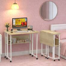 Folding Table With Wheels - Home Office Desk - 80x58x75cm - Folding Computer Desk With Bookshelf - Portable Mobile Workstation - Suitable For Small Spaces - Mustard Yellow - View 4