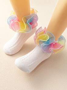 1 Pair Cotton Girls' Solid Color Lace Trim Socks, Ballerina Style Princess Short Socks For Toddlers & Big Kids - Multicolor - View 9