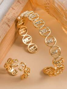 1 Set Exquisite Geometric Zirconia Open Bangle & Ring Set, Suitable For Women's Daily Wear, Holiday Gift - Yellow Gold - View 10