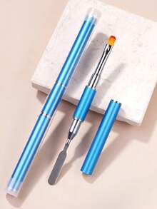 2-In-1 Multifunctional Nail Art Pen Dual-Head UV Gel Brush With Scraper, Portable Gold Metal Handle Nail Art Tool For Home And Salon - Blue - View 4