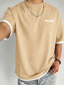 Men's Vintage Patchwork Pattern T-Shirt With Abstract Print, Suitable For Daily Wear - Apricot - View 3