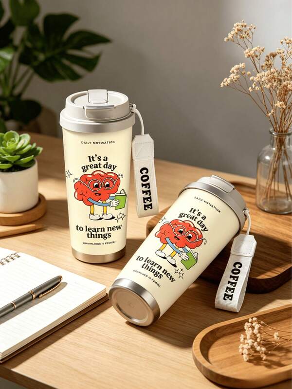 1pc/5pcs 500ml Cute Brain Inspirational Quote Travel Mug, Double-Wall Stainless Steel Cup For All Seasons, Cream Color Cartoon Study Slogan Background Design, Portable Coffee Cup, Suitable For Daily Commute Drinking Iced Coffee Juice, Birthday Gift For Boyfriend/Girlfriend, Couple Mug