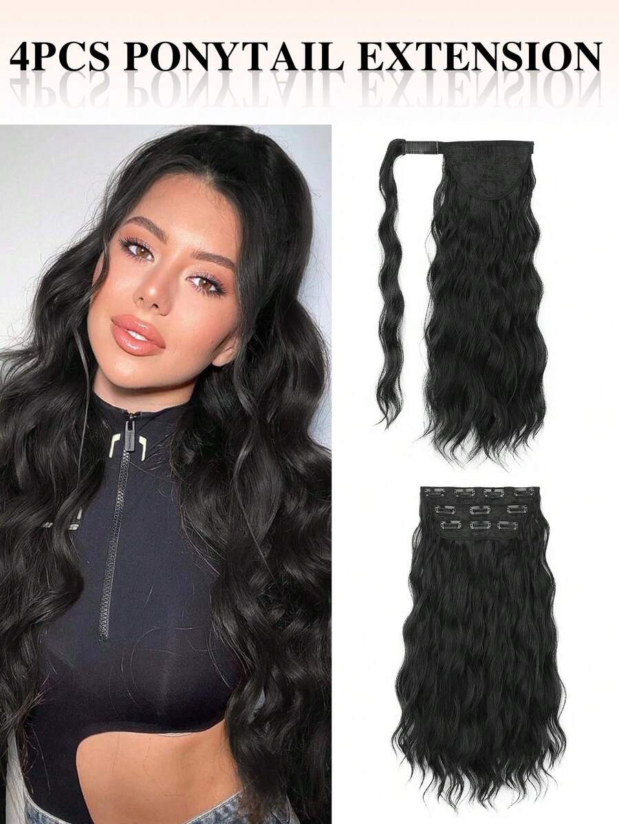 nimoki 4pcs/Set Half-Up Half-Down Ponytail Hair Extensions, 20 Inch Long Wavy Clip-In Hair Pieces, Wrap-Around Ponytail, Heat-Resistant Synthetic Fiber, Suitable For Women And Girls, Party And Daily Use - Multicolor - View 1