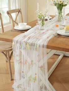 3 Pes White Foral Table Runner Of Embroidery Tule Spring Widflower Table Runner Sesonal Summer Buterfly Kichen Dining Gauze Decoration For Baly Shower Weding Party Birthday - Floral Table Runner - View 6