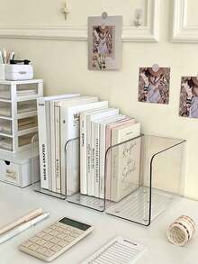 1/2pcs Desktop Storage Set, Bookend & 3-Tier Pen Holder, Adjustable Transparent PET Desktop Organizer, Space-Saving Stationery Storage, Suitable For Office, Home, School Study Room - Multicolor - View 7