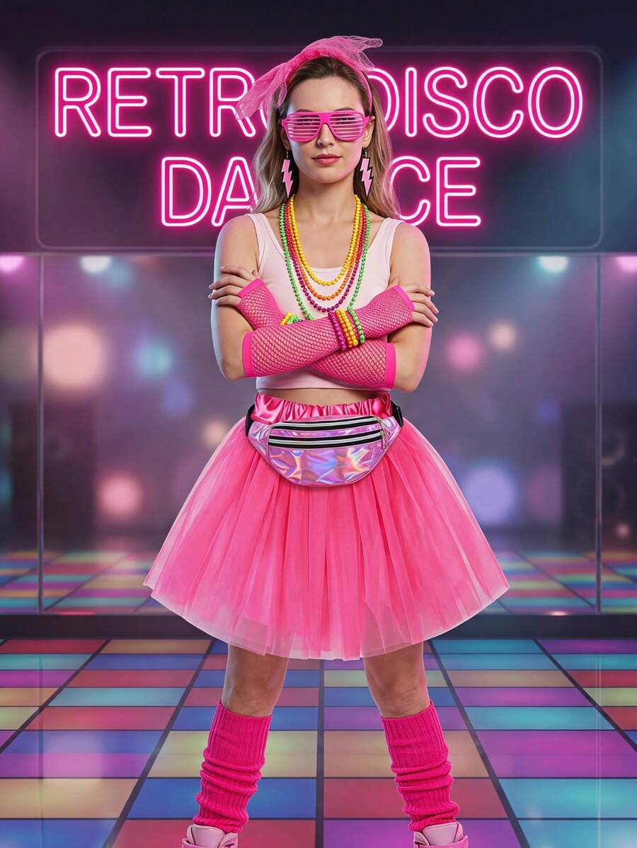 Conjunto de Atuendo Rosa Neón de los 80, Falda Abullonada, Guantes de Red, Pendientes de Rayo, Calentadores de Pierna, Bolso, Collar de Cuentas, Accesorios de Disfraz de Fiesta Disco Retro Adecuados para Fiesta de Cosplay de Halloween, Desfile de Disfraces de Carnaval, Fiesta de Tema Retro Navideño, Tema de Dopamina Colorida y talla grande - Multicolor - Ver 1