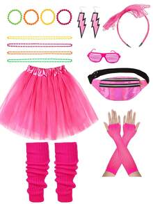 Conjunto de Atuendo Rosa Neón de los 80, Falda Abullonada, Guantes de Red, Pendientes de Rayo, Calentadores de Pierna, Bolso, Collar de Cuentas, Accesorios de Disfraz de Fiesta Disco Retro Adecuados para Fiesta de Cosplay de Halloween, Desfile de Disfraces de Carnaval, Fiesta de Tema Retro Navideño, Tema de Dopamina Colorida y talla grande - Multicolor - Ver 10