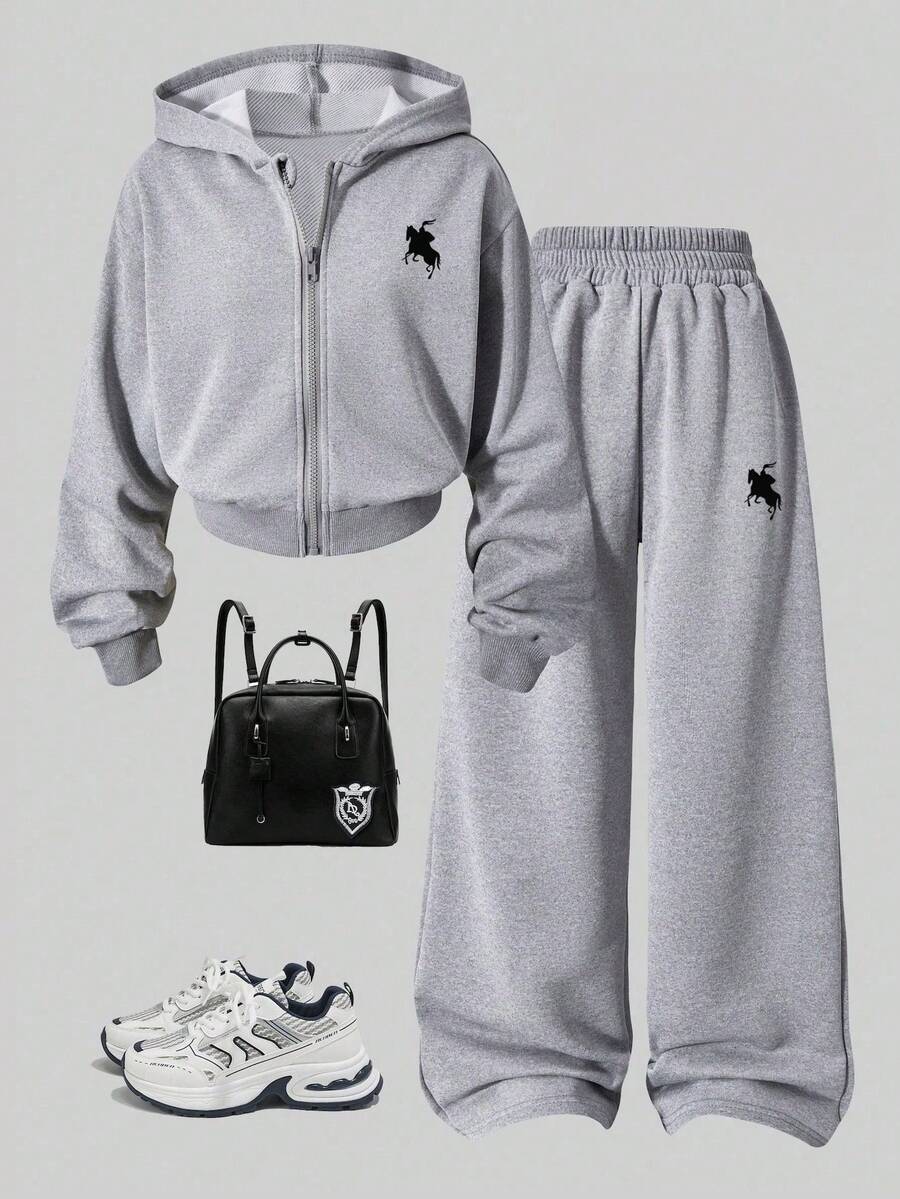 Teen Girl Knight Graphic Print Hoodie And Sweatpants Casual Set - Grey - View 1