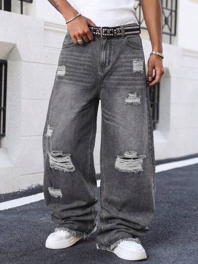 Men's Punk Ripped Distressed Loose Wide Leg Jeans, Vintage Grey Wash Gothic Street Style Denim Pants