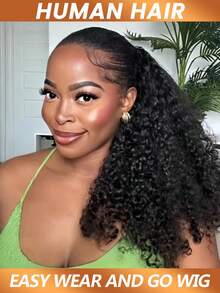 3 In 1 Half Wig Burmese Curly Wave Half Wig Human Hair With Elastic Drawstring Glueless Wear Go Wigs Human Hair Seamless Flip Over Half Wigs 180% Density - Natural Black - View 2