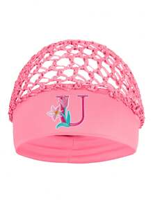 Floral Embroidered Letter Mesh Cap For Women - Personalized Initial Alphabet Elastic Wide Band Hair Bonnet, Crochet Hollow Out Night Sleep Hat - Pink - View 25