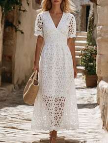 Vestido casual diario para mujer con flor de seis pétalos calada, elegante para vacaciones, blanco de verano - Blanco - Ver 2